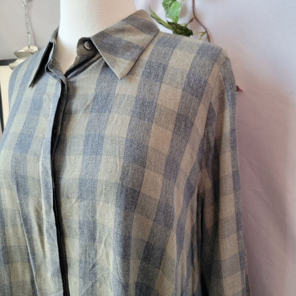 Hana San Oviv Khaki Check Button Up Shirt 38 6/8 M - Picture 7 of 14